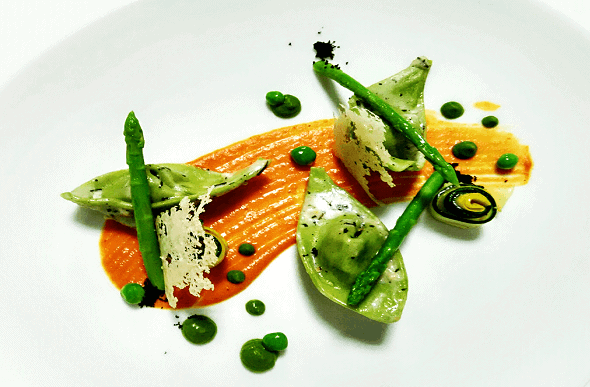 Artichoke, Buttersquash & Goat cheese Cappeloni; Red Pepper Aioli, Pea Puree, Olive Dust